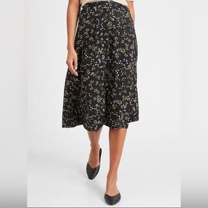Button Front Floral Black Midi Skirt